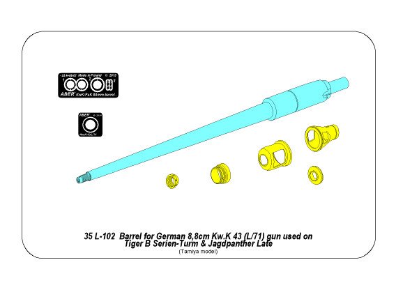 ABR-35-L-102  Дополнения для  Barrel for German 8,8cm Kw.K 43 (L/71) gun used on Tiger B Serien-Turm & Jagdpanther Late для Tamiya 1/35