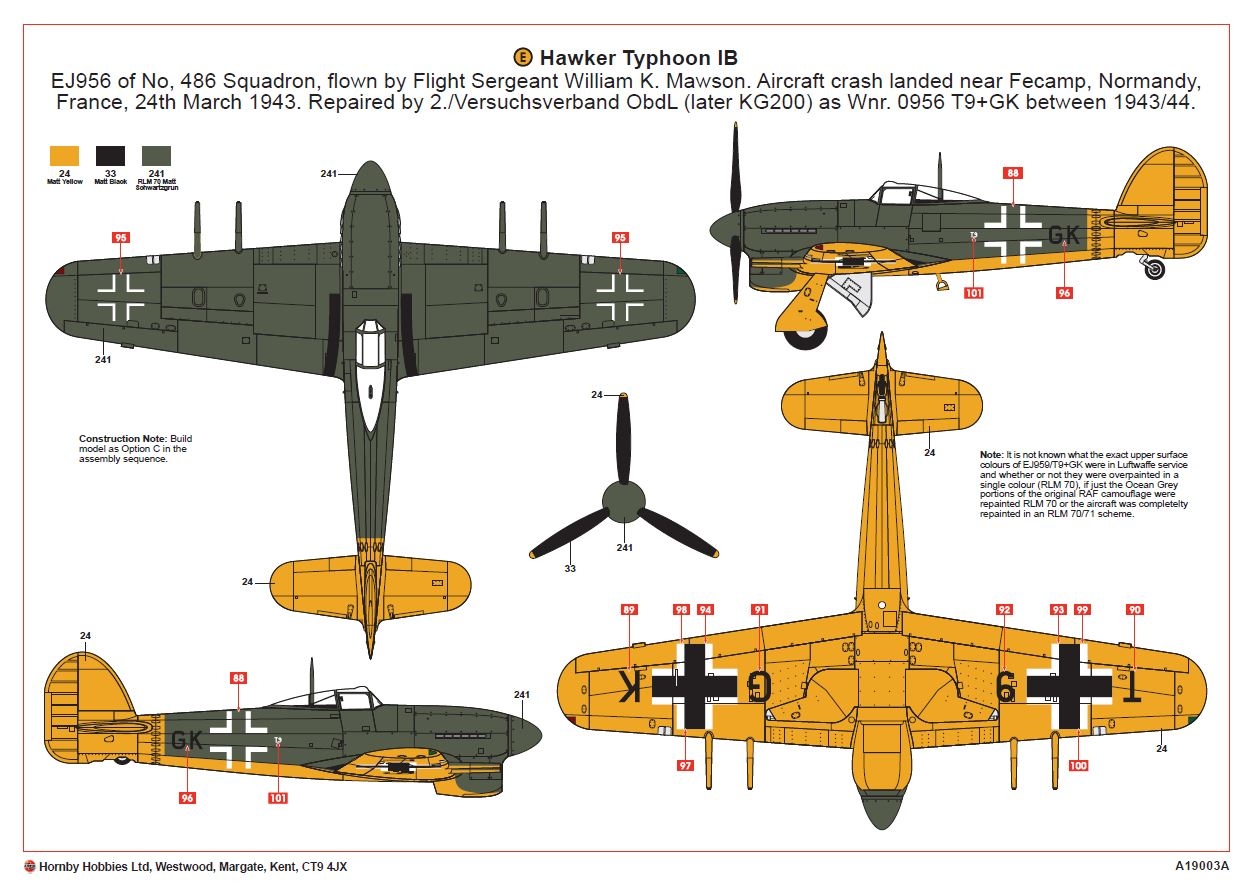 A19003A Сборная модель самолета Hawker Typhoon 1B - Car Door (plus extra Luftwaffe scheme) Airfix