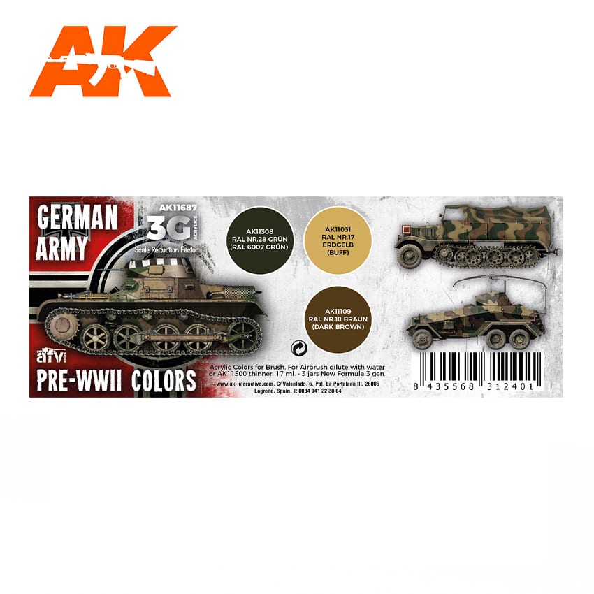 AK11687 Набор красок GERMAN ARMY PRE-WWII COLORS 3G
