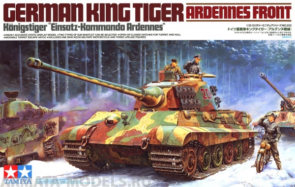 35252 Танк King Tiger Ardennes Front, мотоцикл Dkw Nz350. В комплекте 3 фигуры и мотоциклист Tamiya