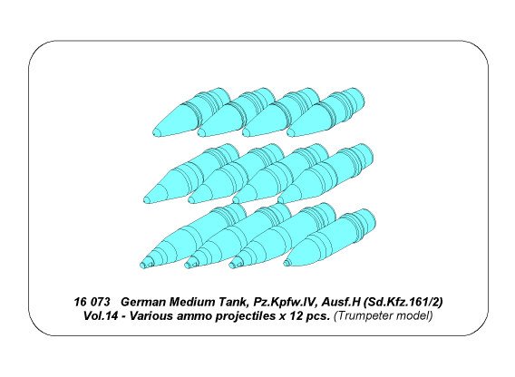 ABR-16 073  Дополнения для  Panzer IV various 7,5 cm  ammo projectiles x 12 pcs. для Trumpeter 1/16