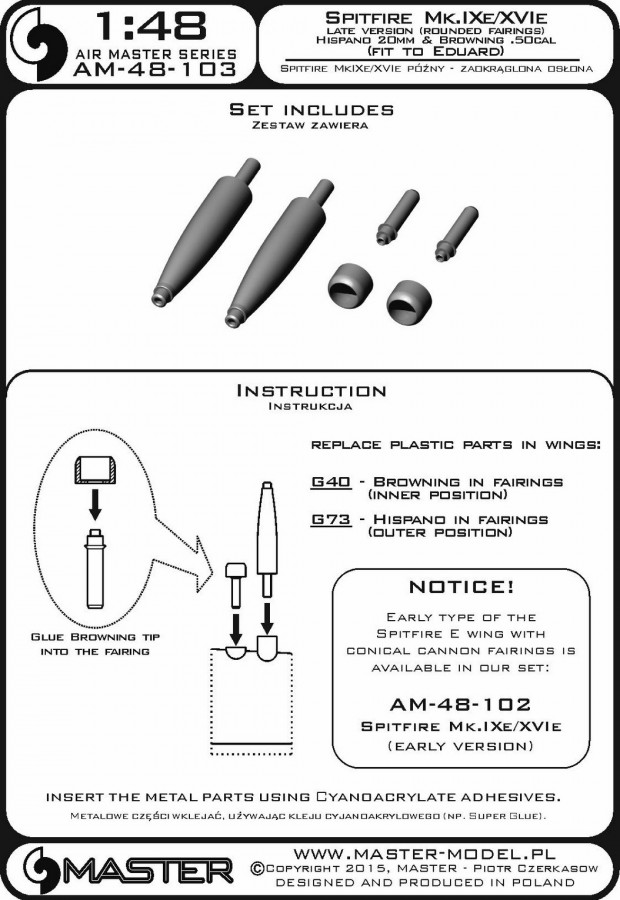 AM-48-103 Набор вооружения для поздних модификаций Spitfire Mk.Ixe/XVIe, пушки Hispano 20мм и Browning