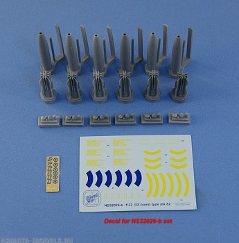 NS32026b Set of 6 USAF 500 Lbs Mark 82 Mk.82 General Purpose (GP) Bomb with Mk15 Mod IV Snakeye Retarder Fin, 4 different nose for each bomb. Resin and PE + decal